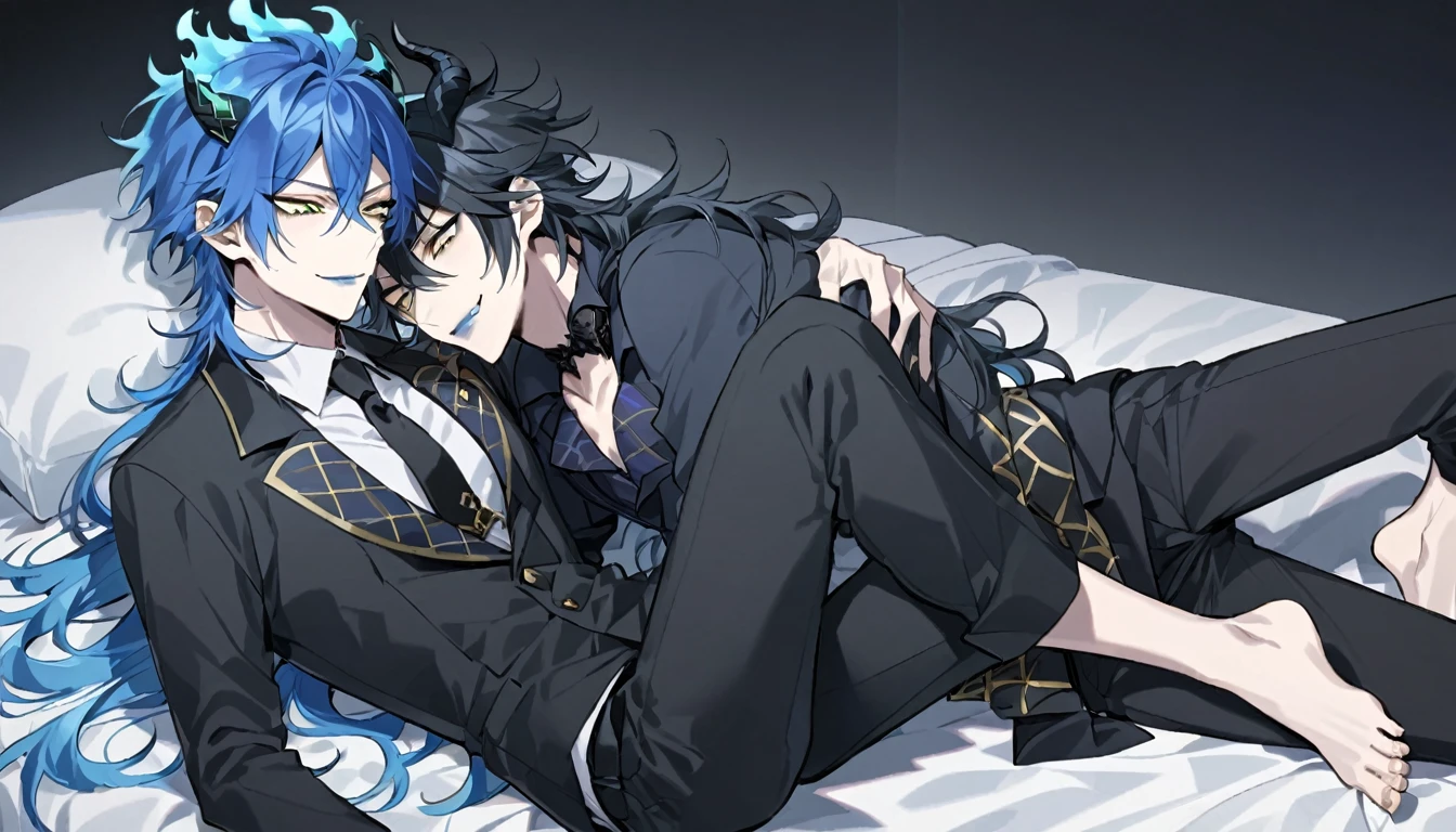 masterpiece, best quality, body shot, a man in business suit lying on a bed with a man dressed in shorts, barefoot, multiple boys, 2boys, male focus, suit, necktie, black pants, formal, pants, (1nd boy, malleus draconia \(twisted wonderland\) horns, bishounen, boy, male, yana Toboso style, long hair, black hair, yellow green eyes, smile, gray lips, handsome, skinny, tall, yellow green glow, gothic anime style), (2st boy,Idia Shroud, bishounen, boy, male, yana Toboso style, extremely long hair, blue hair, blue fire hair, wavy hair, yellow eyes, tired expression, blue lips, handsome, skinny, tall, geeky, blue glow, shark teeth, gothic anime style,) 2boy, bangs, lesbian+, small breast, (looking down at another:1.5), small breasts, late s, (look at each other:1.5), (school uniform), A 18 year old, somewhat muscular male, (Note: The human body should be accurately depicted biologically and anatomically.) Two men are hugging each , looking at viewer,