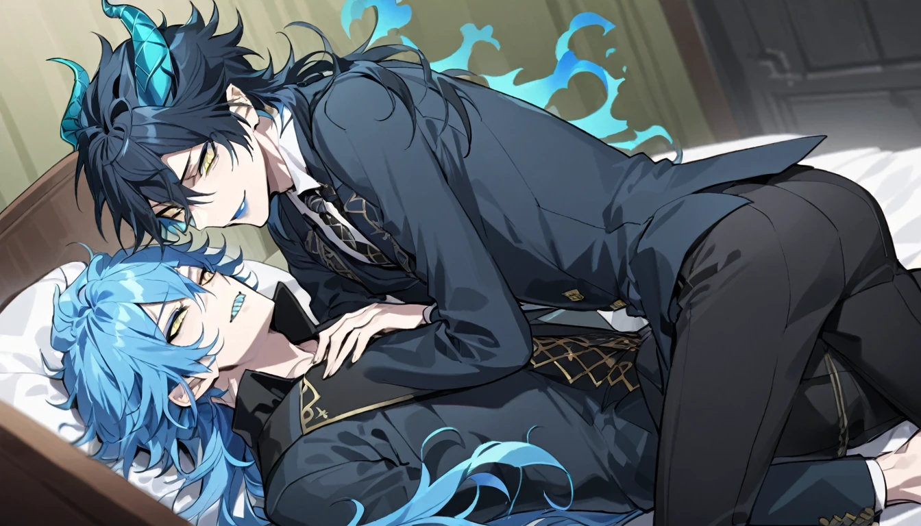 masterpiece, best quality, body shot, a man in business suit lying on a bed with a man dressed in shorts, barefoot, multiple boys, 2boys, male focus, suit, necktie, black pants, formal, pants, (1nd boy, malleus draconia \(twisted wonderland\) horns, bishounen, boy, male, yana Toboso style, long hair, black hair, yellow green eyes, smile, gray lips, handsome, skinny, tall, yellow green glow, gothic anime style), (2st boy,Idia Shroud, bishounen, boy, male, yana Toboso style, extremely long hair, blue hair, blue fire hair, wavy hair, yellow eyes, tired expression, blue lips, handsome, skinny, tall, geeky, blue glow, shark teeth, gothic anime style,) 2boy, bangs, lesbian+, small breast, (looking down at another:1.5), small breasts, late teens, (look at each other:1.5), (school uniform), A 18 year old, somewhat muscular male, (Note: The human body should be accurately depicted biologically and anatomically.) Two men are hugging each , looking at viewer,