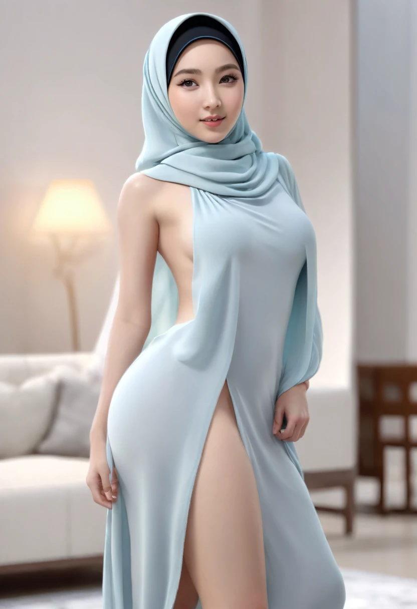 16k, hyper resolution, extremely detailed, A highly detailed, medium long shot 3D rendering of a realistic naked chinese young girl and only wearing a hijab with accurate face and wearing g-string. She is nude and standing confidently showing sexy body, sofa background, drawing attention to its cheerful and elegant appearance. Her skin is smooth, naturally glowing and healthy, and her eyes are bright and expressive. The overall style is a mix of realism and a hint of cartoon features, giving it a lively look. use soft photography lighting