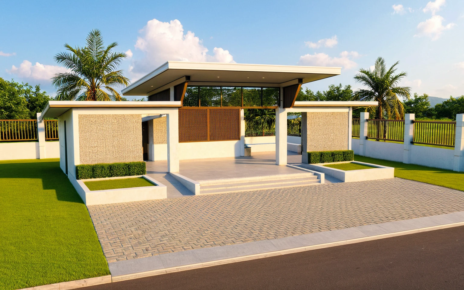 Masterpiece, high quality, best quality, authentic, super detail, outdoors, huts, white wall, road, pavement, grass, trees, blue sky, cloud, (day:1.1), realistic lighting