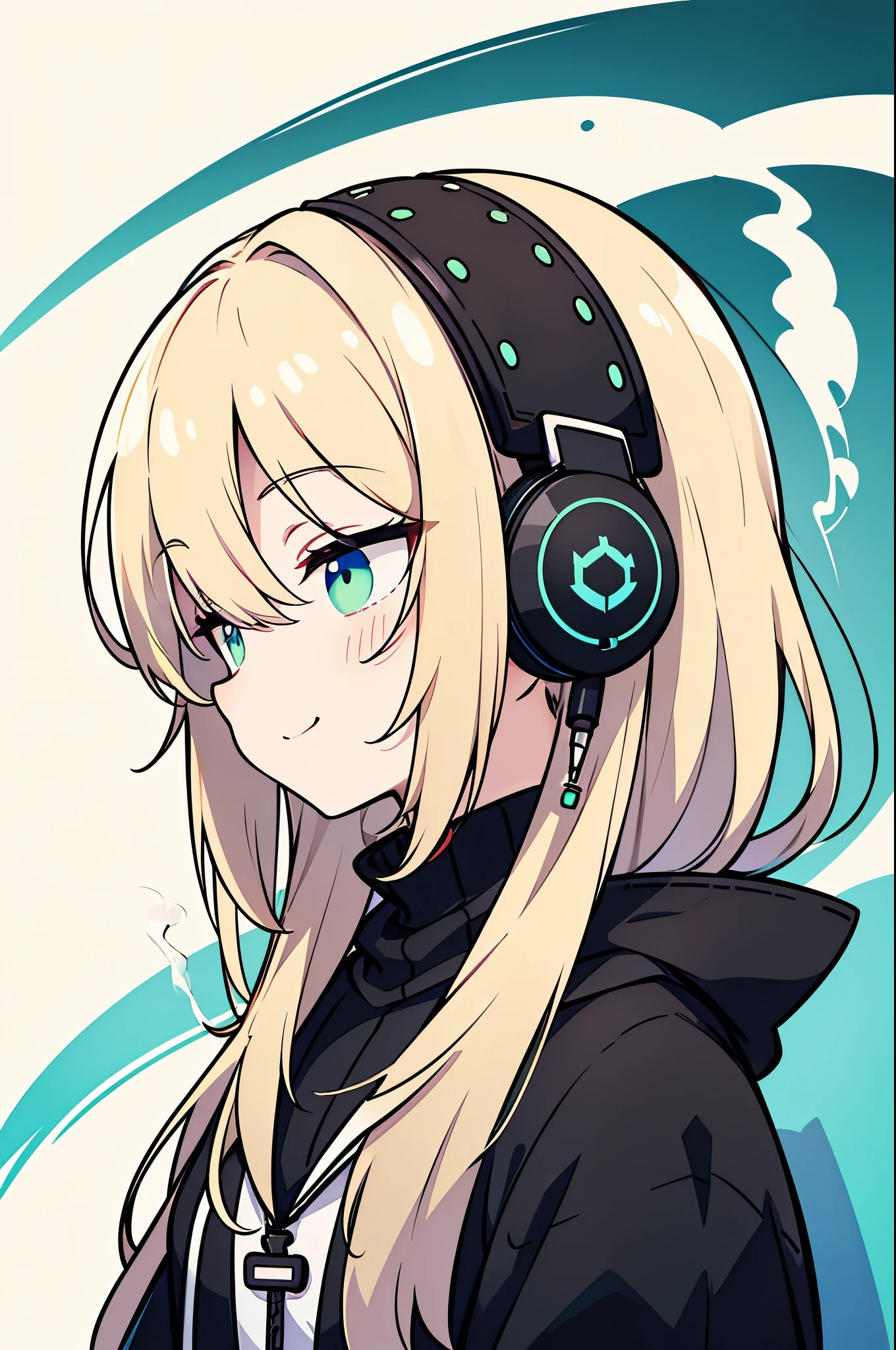 ((highest quality)), ((masterpiece)), (be familiar with), perfect face,white half-up hair,green mesh blonde、Smoke a cigarette、cool black hoodie,headphones,black gloves,turtleneck,alone,İcon、profile、Right beside、Expressionless、smile、Light-colored clothing