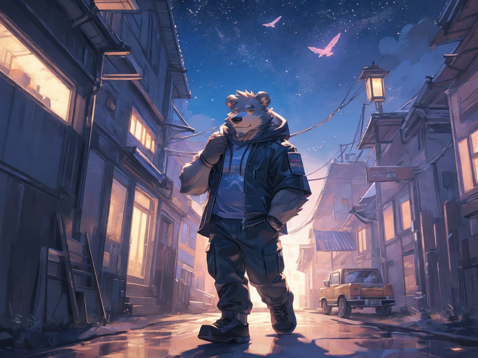 (masterpiece:1.2), best quality,pixiv,official art,perfect anatomy, (Ray tracing, light),solo, (1_male:1.3) , (muscle), (grey fur:1.4), (muscle bear), (beard:1.2), (gleaming golden eyes), bear tail, Thick black eyebrows,(open hooded parka), (t-shirt inside), jeans, (cargo pants:1.2), black shoes, A cyber city skyline at night, with twinkling stars and a bright Milky Way. character is admiring the starry sky.