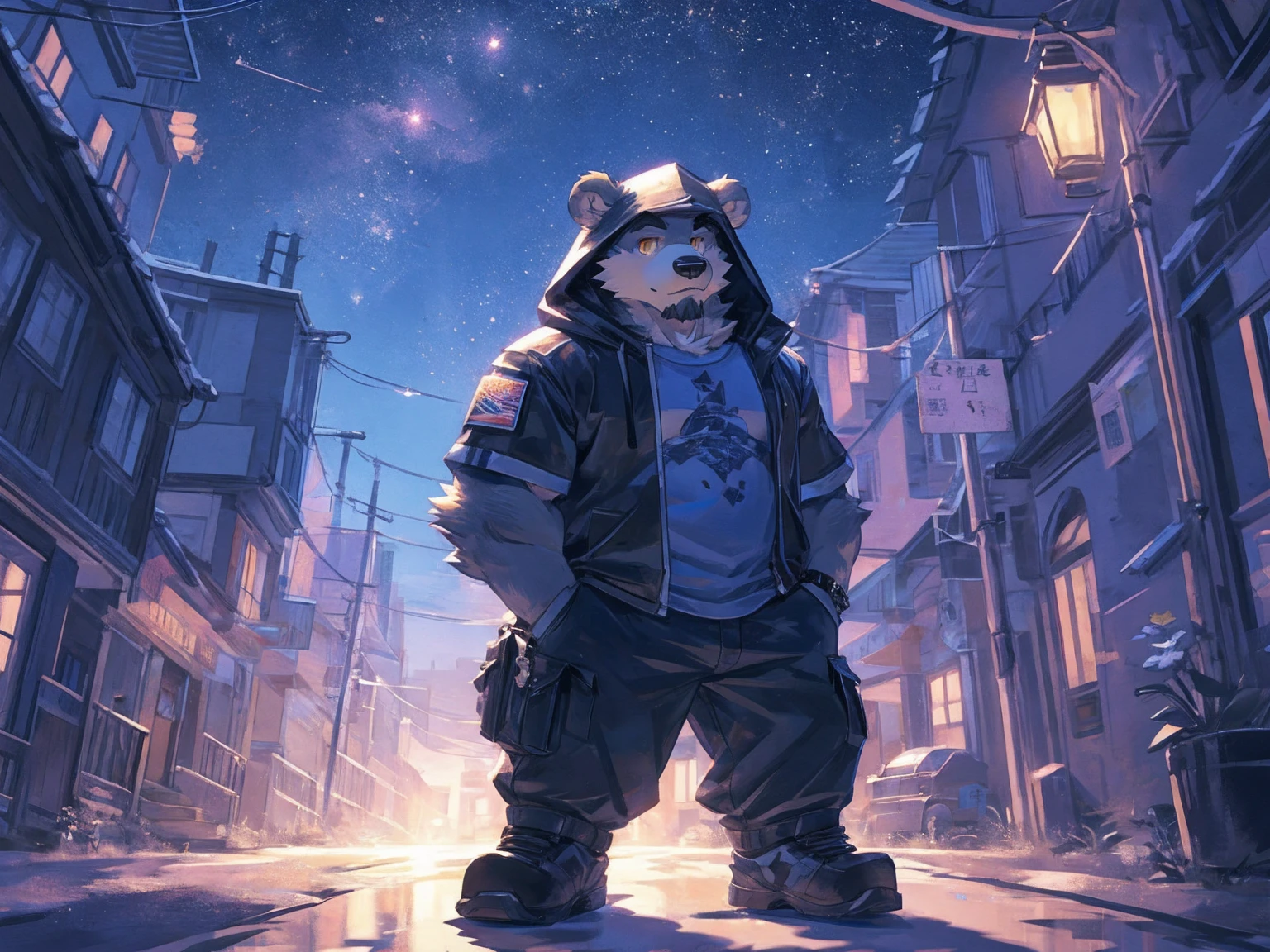 (masterpiece:1.2), best quality,pixiv,official art,perfect anatomy, (Ray tracing, light),solo, (1_male:1.3) , (muscle), (grey fur:1.4), (muscle bear), (beard:1.2), (gleaming golden eyes), bear tail, Thick black eyebrows,(open hooded parka), (t-shirt inside), jeans, (cargo pants:1.2), black shoes, A cyber city skyline at night, with twinkling stars and a bright Milky Way. character is admiring the starry sky.