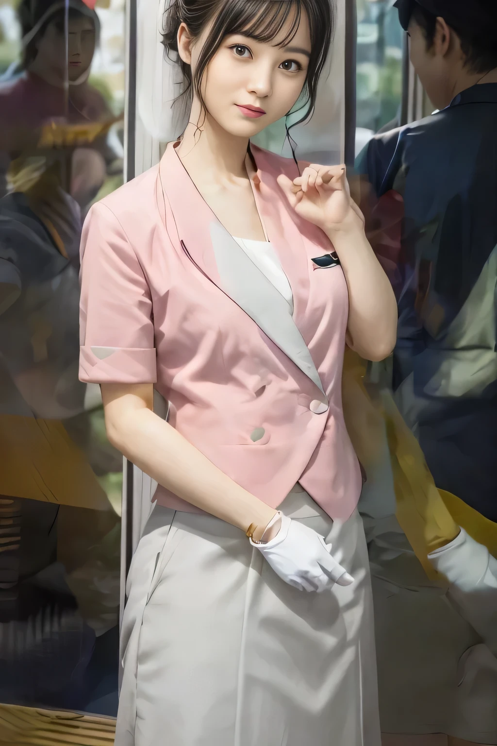 (masterpiece:1.2, Highest quality:1.2), 32k HDR, High resolution, (alone、1 girl)、 (Height: 160cm)、(On the rooftop of a building in the daytime、Professional Lighting)、Building rooftop background、(Nankai train crew uniform pinkを着たリアルスタイル)、(Nankai train crew uniform pink short sleeve collarless pink jacket、Nankai Train Crew Uniform Pink Collarless Short Sleeve Blouse、Nankai Train Crew Uniform Pink Grey Knee-length Culottes)、(The pink jacket is showing from the culottes.)、Dark brown hair、(Hair tied up、Hair tied up、Evening curly hairstyle)、Dark brown hair、Long Shot、Big Breasts、Thin legs、((Great hands:2.0)),((Harmonious body proportions:1.5)),((Normal limbs:2.0)),((Normal finger:2.0)),((Delicate eyes:2.0)),((Normal eyes:2.0)))、smile、(Nankai Train Crew Uniform Pink Grey Knee-length Culottesを見せた美しい歩く姿)、Place your hands around your stomach、Lanyard employee ID card