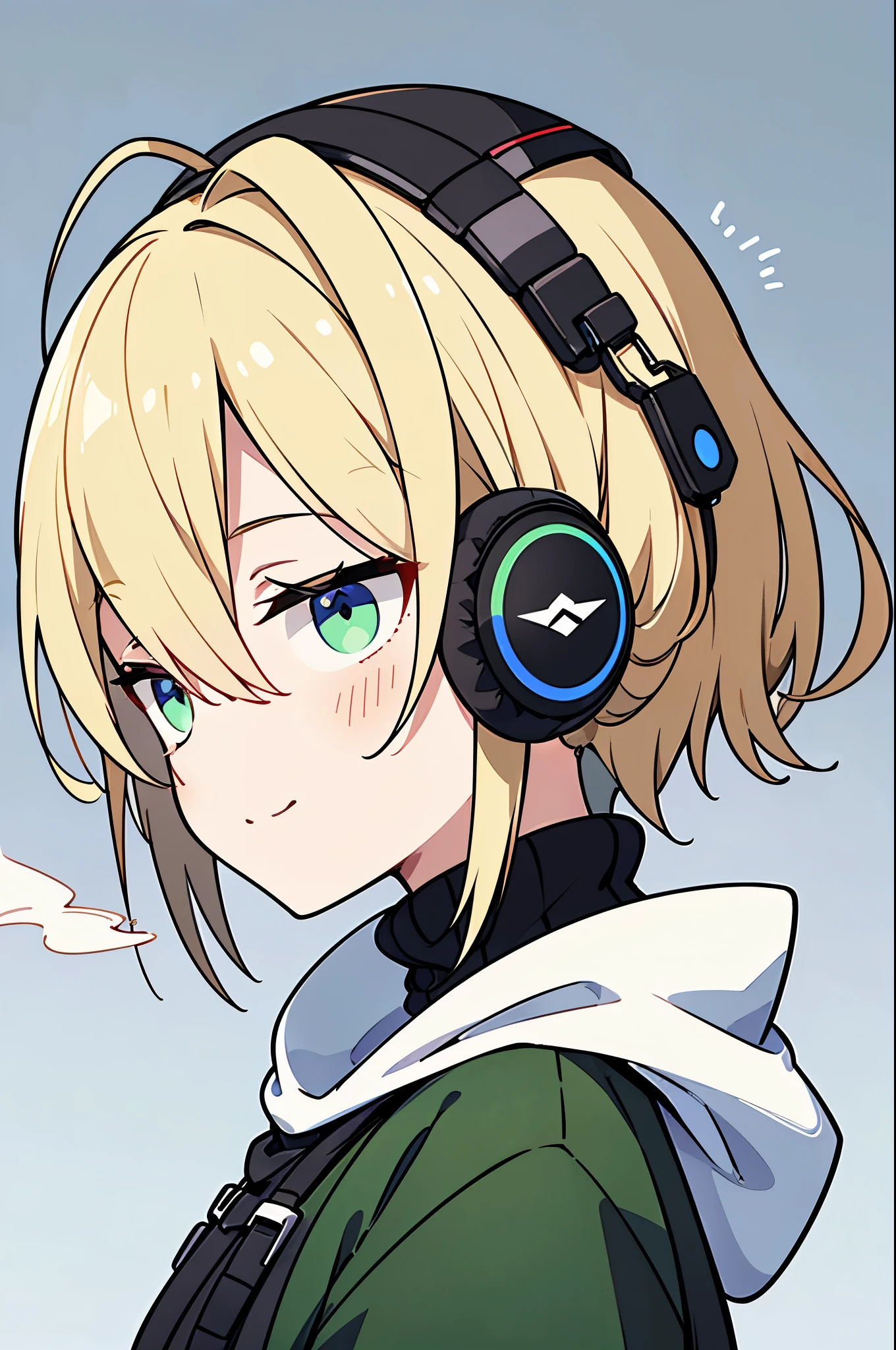 ((highest quality)), ((masterpiece)), (be familiar with), perfect face,white half-up hair,green mesh blonde、Smoke a cigarette、cool black hoodie,headphones,black gloves,turtleneck,alone,İcon、profile、Right beside、Expressionless、smile、Light-colored clothing、short hair