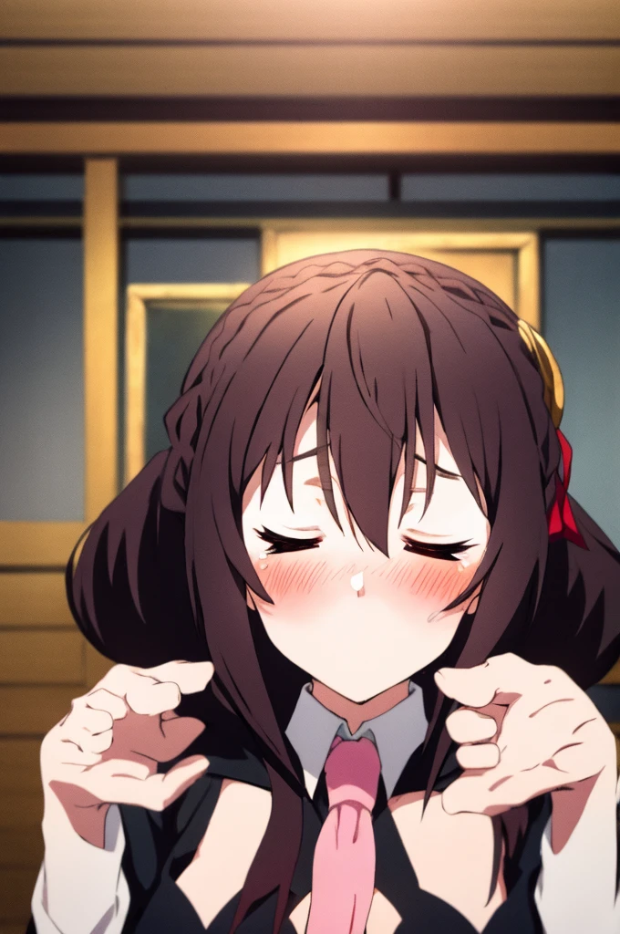 (masterpiece, Highest quality), One girl, Yunyun,Long Hair,Braiding,Twin tails,Hair between the eyes,Red hair ribbon,hair ornaments,large round breasts,、Pink Skirt、Black Hair、Crown Blade,Black Shirt, Long sleeve,Pink tie, belt, Cleavage cutout、Above the upper body、(blush:1.2)、Young face、indoor、(Kiss the viewer)、((Close your eyes:1.5))、Arms are not visible behind the back