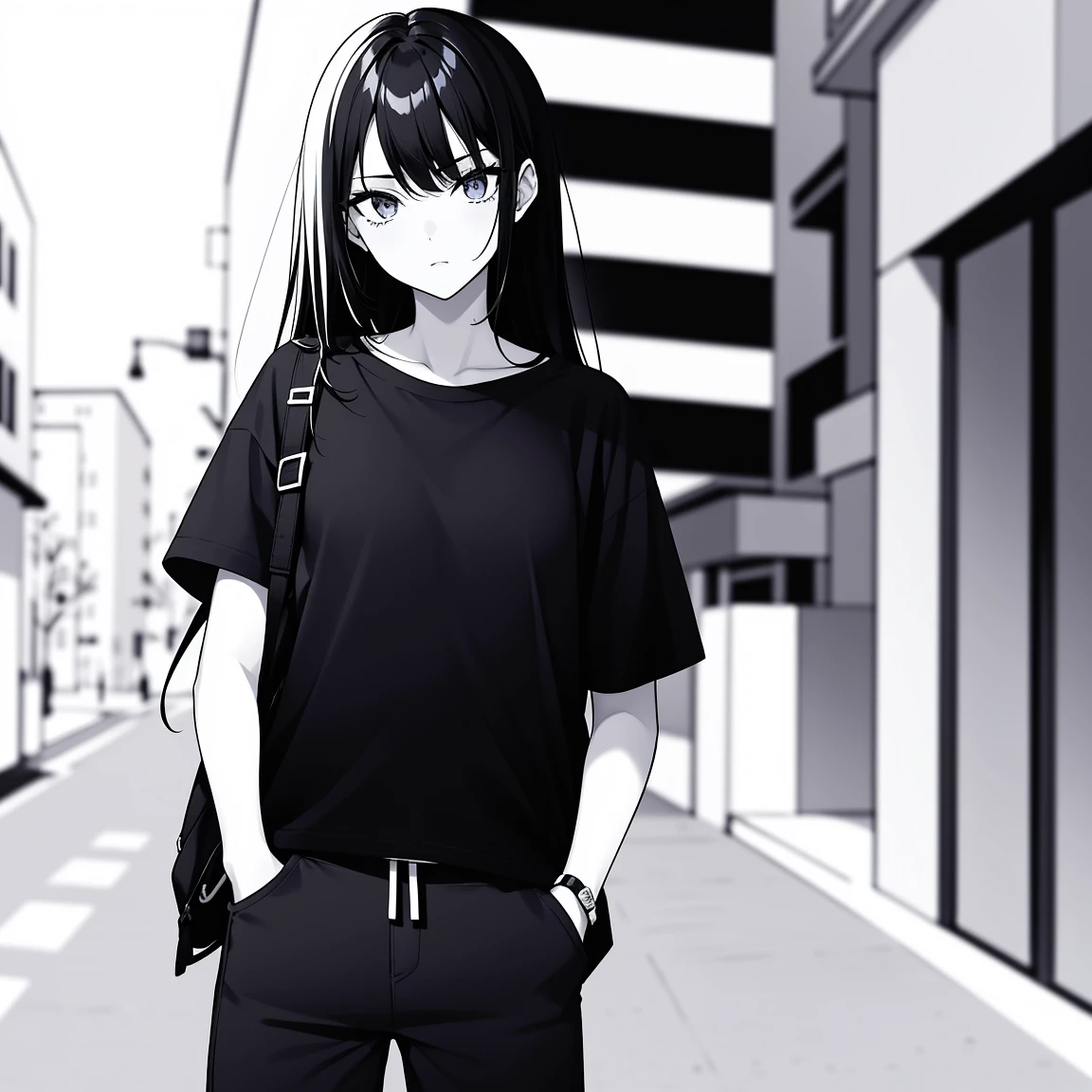 girl, side portrait, black and white,edgy accessories,sporty style, casual t-shirt, confident gaze, monochrome color scheme, looking to the side, chic street fashion, casual hands in pockets pose,head,Long Hair