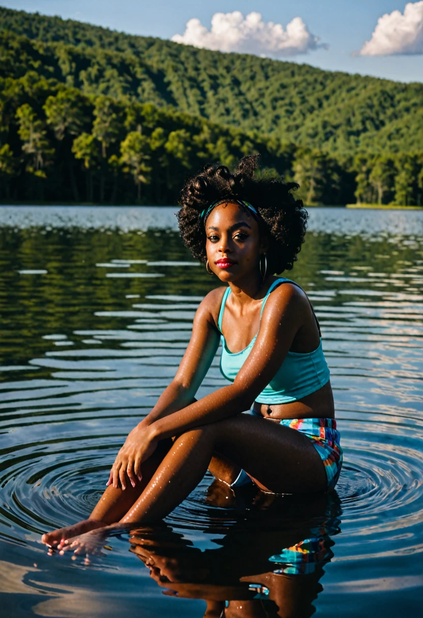 Black girl sitting in Lake