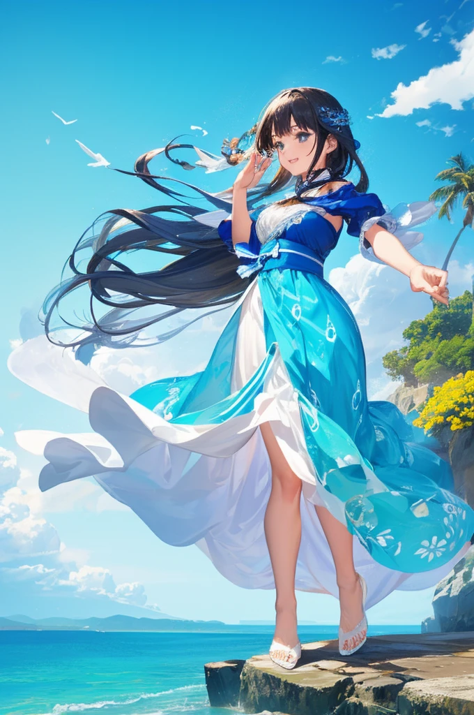 An enchanting coastline with an endless ocean, you stand at the shore beside a crystal-clear piano. The piano keys are bright and warm. As you gently touch a key, musical notes ripple out, skimming across the ocean, resonating deep within your soul. Your body initially feels heavy, like stone, but with each piano note, a gentle force, like a spring breeze, caresses your face. This energy spreads through your body, making it more supple and lively. Against the ocean backdrop, your body becomes more flexible, your hair dances in the breeze, and your eyes reveal peace and tranquility. You merge with the music, becoming one with the ocean, reveling in the joy and lightness of the piano's touch. The scene is dominated by warm blues, where the ocean and sky blend, symbolizing endless possibilities. Sunlight sparkles on the water, casting a bright, warm glow over the scene.