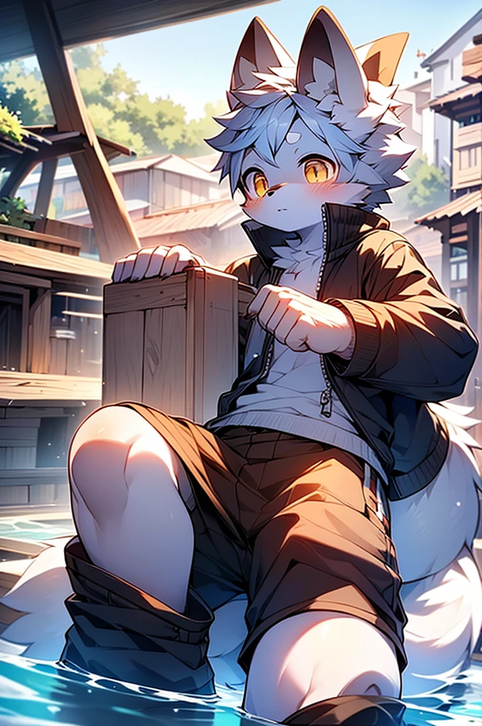 (By Dagasi:1.1),BREAk,Meisterwerk,great resolution,8k,detailed backgrounds,high qualitt,BREAk,BREAk,((Light blue fur,White Hair,Black Sclera,Yellow eyes,Fluffy Fur,Detailed Fur)) furred,break,Masculine,The boy, humanoid shape,shortpants,swimming trunks,sandy beach,Topless