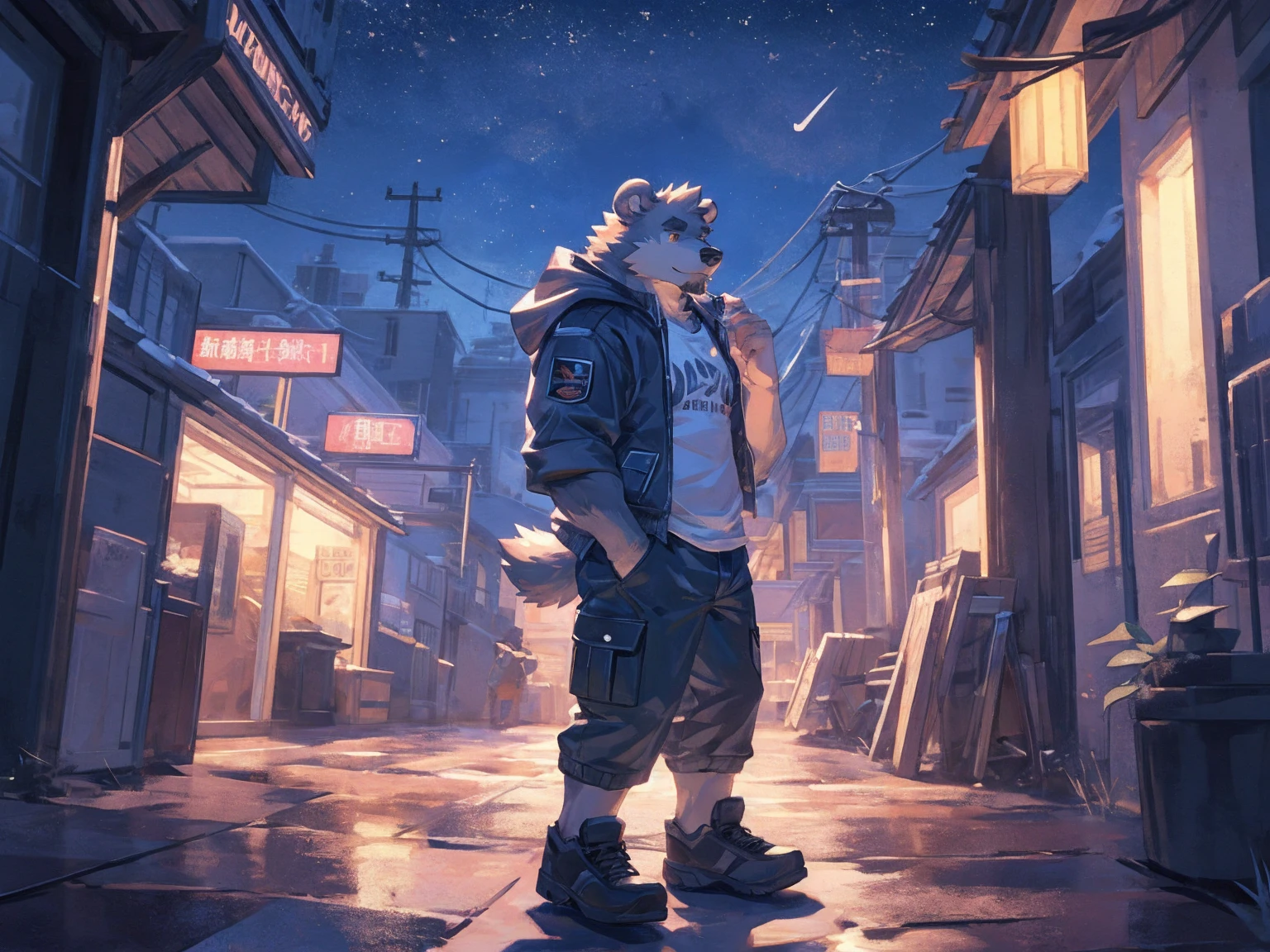 (masterpiece:1.2), best quality,pixiv,official art,perfect anatomy, (Ray tracing, light),solo, (1_male:1.3) , (muscle), (grey fur:1.4), (muscle bear), (beard:1.2), (gleaming golden eyes), bear tail, Thick black eyebrows,(open hooded parka), (t-shirt inside), jeans, (cargo pants:1.2), black shoes, A cyber gas station skyline at night, with twinkling stars and a bright Milky Way. character is admiring the starry sky.

