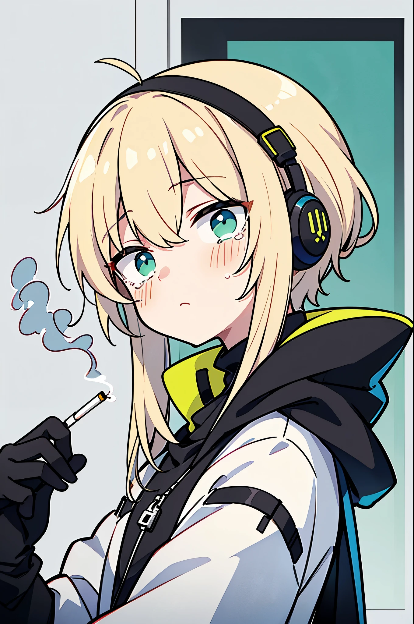 ((highest quality)), ((masterpiece)), (be familiar with), perfect face,white half-up hair,green mesh blonde、Smoke a cigarette、cool black hoodie,headphones,black gloves,turtleneck,alone,icon、profile、Right beside、Expressionless、泣き顔、明るい色の服