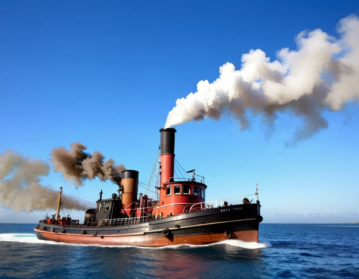 Old steam tug. working hard. Open sea. clear blue sky. one big central smoking funnel behind wheel house ((brown smoke)). 