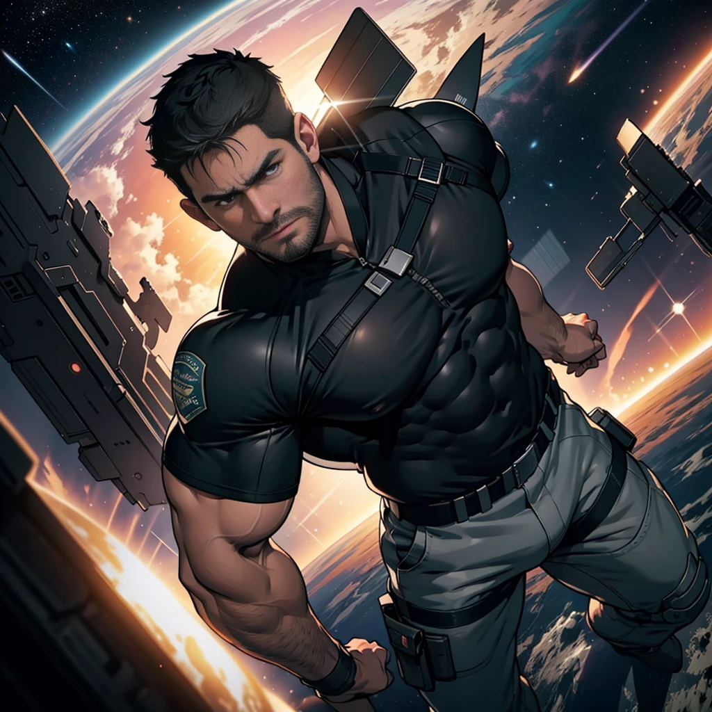 32k,An award-winning original photo , Chris REDFIELD , A wild muscular man, (30 years old man:1.3), a black TOP , black hair, (big shoulder), muscular, hunk, stubbles, Short beard, . LOOKING AT THE CAMERA (Detailed face:1.3), (Detailed beautiful eyes:1.2), really angry, Dynamic Angle, volumetric lighting, (Best quality, A high resolution, Photorealistic), Cinematic lighting, Masterpiece, RAW photo, Intricate details, hdr, depth of field, full body shot, in space background