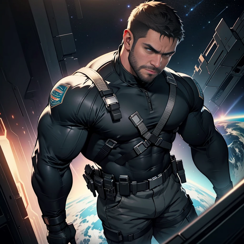 32k,An award-winning original photo , Chris REDFIELD , A wild muscular man, (30 years old man:1.3), a black TOP  , black hair, (big shoulder), muscular, hunk,  stubbles, Short beard,  . LOOKING AT THE CAMERA  (Detailed face:1.3), (Detailed beautiful eyes:1.2), really angry, Dynamic Angle, volumetric lighting, (Best quality, A high resolution, Photorealistic), Cinematic lighting, Masterpiece, RAW photo, Intricate details, hdr, depth of field, full body shot, in space background