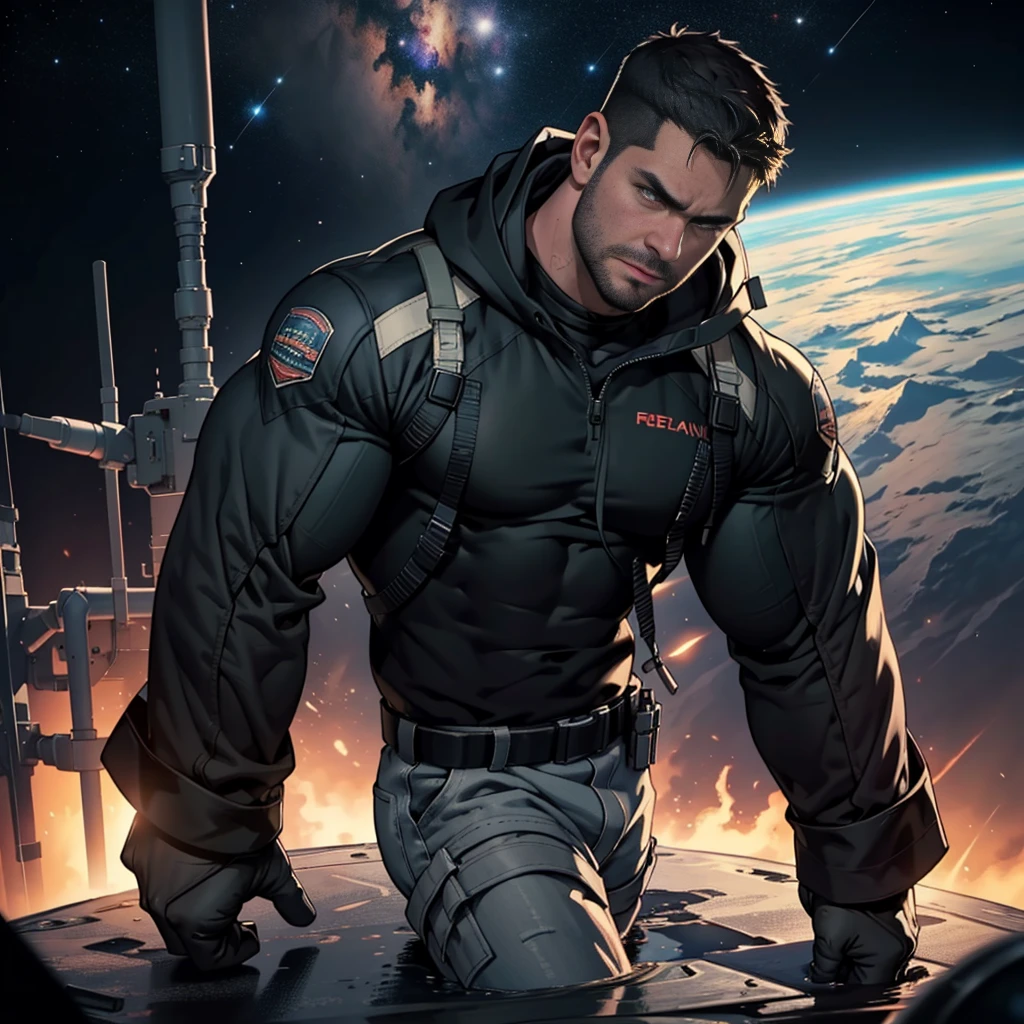 32k,An award-winning original photo , Chris REDFIELD , A wild muscular man, (30 years old man:1.3), a black TOP , black hair, (big shoulder), muscular, hunk, stubbles, Short beard, . LOOKING AT THE CAMERA (Detailed face:1.3), (Detailed beautiful eyes:1.2), really angry, Dynamic Angle, volumetric lighting, (Best quality, A high resolution, Photorealistic), Cinematic lighting, Masterpiece, RAW photo, Intricate details, hdr, depth of field, full body shot, in space background