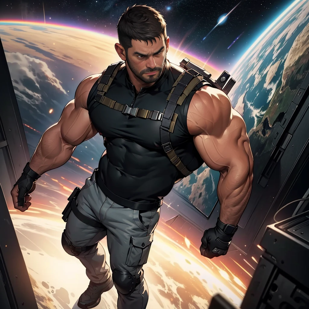 32k,An award-winning original photo , Chris REDFIELD , A wild muscular man, (30 years old man:1.3), a black TOP , black hair, (big shoulder), muscular, hunk, stubbles, Short beard, . LOOKING AT THE CAMERA (Detailed face:1.3), (Detailed beautiful eyes:1.2), really angry, Dynamic Angle, volumetric lighting, (Best quality, A high resolution, Photorealistic), Cinematic lighting, Masterpiece, RAW photo, Intricate details, hdr, depth of field, full body shot, in space background