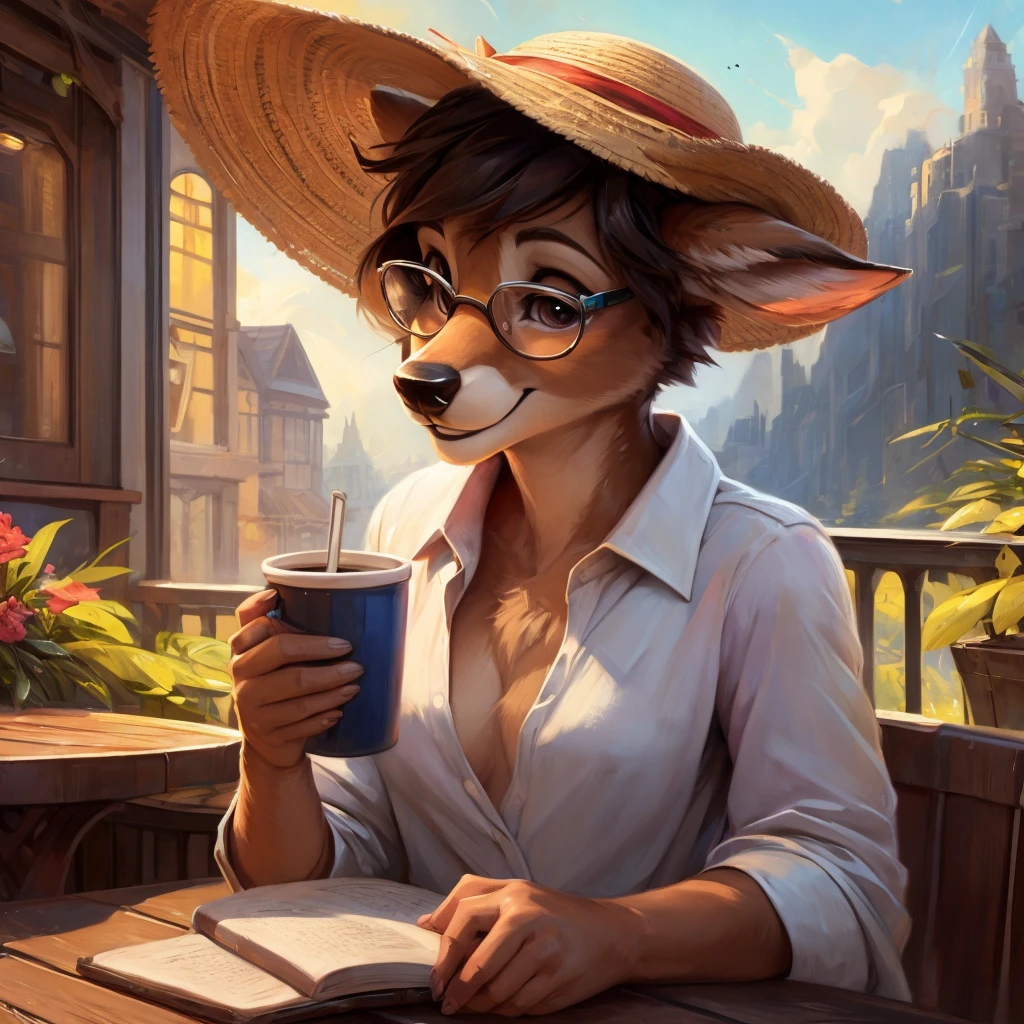 uploaded on e621, by Pixelsketcher, by Bayard Wu, by Thomas Benjamin Kennington , by Einshelm, by hioshiru and kenket, Chunie, portrait, solo anthro female deer doe, tiny featureless breasts, tiny breasts, clear dark blue, cinematic lighting, day, sunny day, sitting outside at a café, café background, french background, old french background, shiny, short curly dark brown hair, short hair, wears big black nerd glasses, very very beautiful furry art, furry art, thoughtful, shiny, feminine, cute face, muzzle, fluffy chest, flawless face, Fallow deer, 1girl, Sakimichan is beautiful, Masterpiece, Wavethesallow Face, shiny, Detailed image, portrait, Detailed image, portrait, wears pure white wide, big blouse, wears beige summer straw hat, shiny, realistic face, perfect ???????, hourglass body, anthropomorphic deer, happy, very happy, small ears, huge black nerd glasses, wide happy eyes, look at viewer, smiles, big smile, holds with both hands a cup of coffee, hourglass body, (furry body:1.1), anthropomorphic deer, reading a book, small fluffy tail, detailed background, (cute ???????:1.1), looks into the distance
