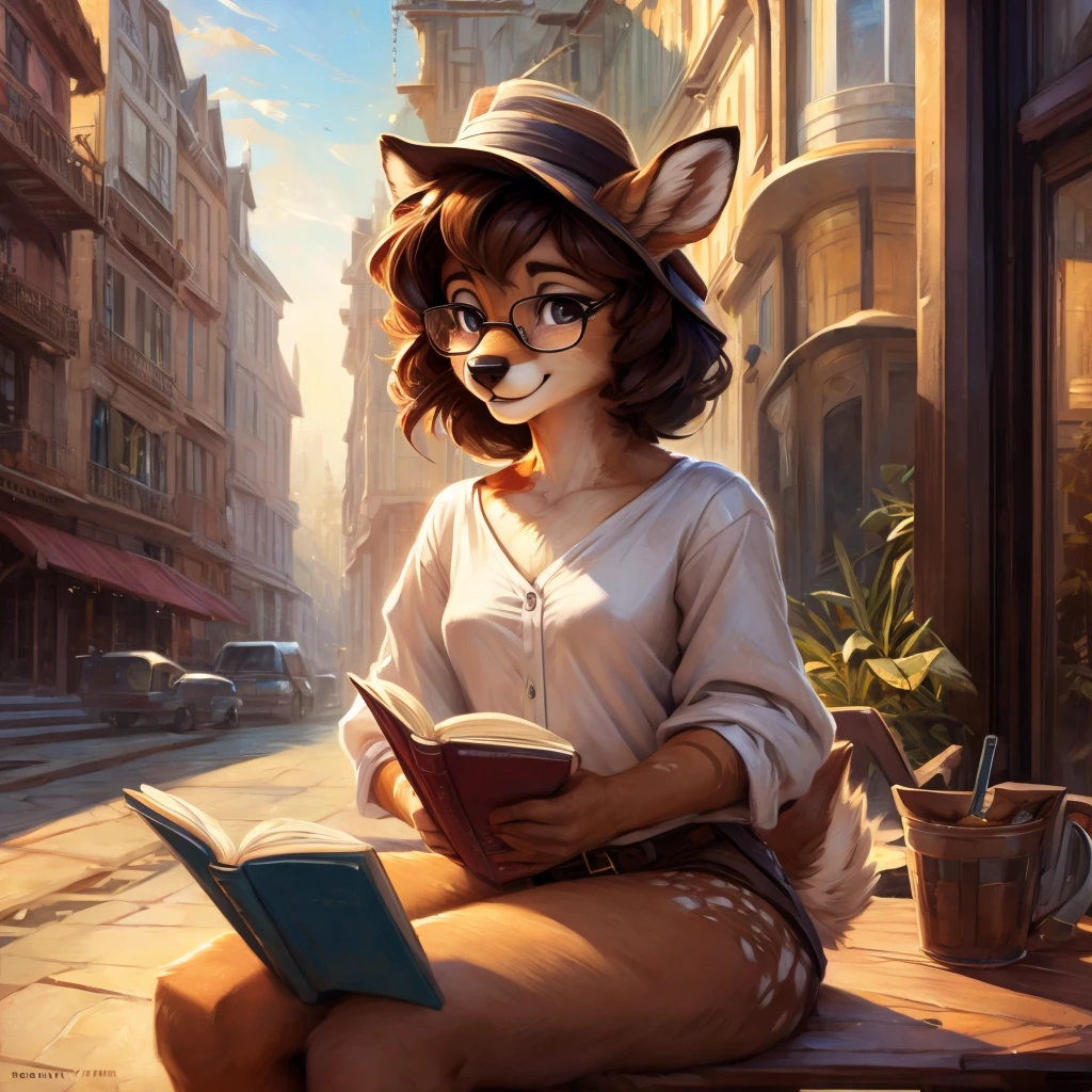 uploaded on e621, by Pixelsketcher, by Bayard Wu, by Thomas Benjamin Kennington , by Einshelm, by hioshiru and kenket, Chunie, portrait, solo anthro female deer doe, tiny featureless breasts, tiny breasts, clear dark blue, cinematic lighting, day, sunny day, sitting outside at a café, café background, french background, old french background, shiny, short curly dark brown hair, short hair, wears big black nerd glasses, very very beautiful furry art, furry art, thoughtful, shiny, feminine, cute face, muzzle, fluffy chest, flawless face, Fallow deer, 1girl, Sakimichan is beautiful, Masterpiece, Wavethesallow Face, shiny, Detailed image, portrait, Detailed image, portrait, wears pure white wide, big blouse, wears beige summer straw hat, shiny, realistic face, perfect anatomy, hourglass body, anthropomorphic deer, happy, very happy, small ears, huge black nerd glasses, wide happy eyes, look at viewer, smiles, big smile, holds with both hands a cup of coffee, hourglass body, (furry body:1.1), anthropomorphic deer, reading a book, small fluffy tail, detailed background, (cute anatomy:1.1), looks into the distance
