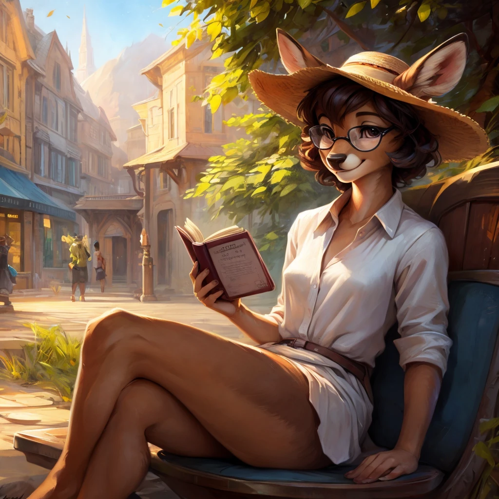 uploaded on e621, by Pixelsketcher, by Bayard Wu, by Thomas Benjamin Kennington , by Einshelm, by hioshiru and kenket, Chunie, portrait, solo anthro female deer doe, tiny featureless breasts, tiny breasts, clear dark blue, cinematic lighting, day, sunny day, sitting outside at a café, café background, french background, old french background, shiny, short curly dark brown hair, short hair, wears big black nerd glasses, very very beautiful furry art, furry art, thoughtful, shiny, feminine, cute face, muzzle, fluffy chest, flawless face, Fallow deer, 1girl, Sakimichan is beautiful, Masterpiece, Wavethesallow Face, shiny, Detailed image, portrait, Detailed image, portrait, wears pure white wide, big blouse, wears beige summer straw hat, shiny, realistic face, perfect anatomy, hourglass body, anthropomorphic deer, happy, very happy, small ears, huge black nerd glasses, wide happy eyes, look at viewer, smiles, big smile, holds with both hands a cup of coffee, hourglass body, (furry body:1.1), anthropomorphic deer, reading a book, small fluffy tail, detailed background, (cute anatomy:1.1), looks into the distance