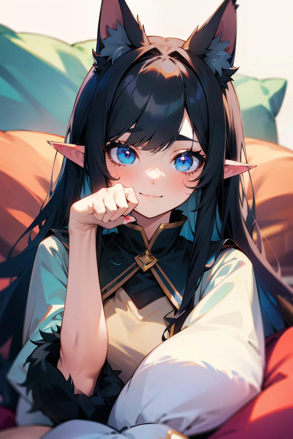 One girl in a cat-girl outfit adopts a playful paw pose with her upper body, displaying her soft fur and cute, pointed ears while lounging on a plush cushion.