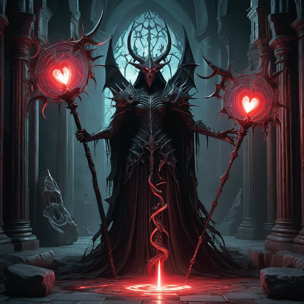 Picture a sinister satanic magic staff standing upright in the heart of a dark and ancient cathedral. The staff, crafted from blackened oak and adorned with twisted thorns and menacing spikes, exudes an aura of malevolent power. At its pinnacle, a glowing crimson gem pulses with an eerie light, casting sinister shadows across the stone walls adorned with ominous runes and grotesque gargoyles. Candlelight flickers, illuminating the flickering symbols etched into the staff's surface, hinting at arcane rituals and forbidden knowledge. Capture the sense of dread and forbidden allure as this unholy staff stands as a focal point of dark magic in a medieval fantasy realm, where whispers of ancient evils and sinister enchantments linger in the air."