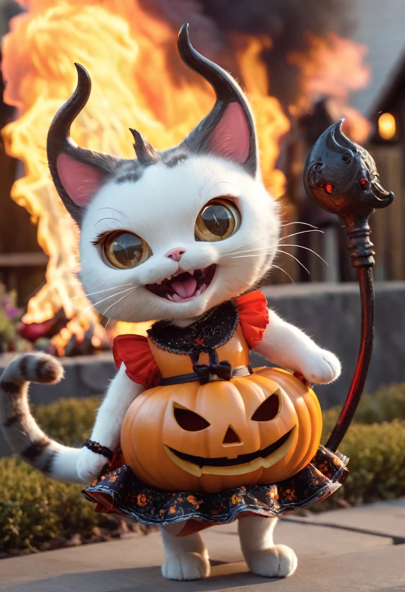 a 3d cat in cute Halloween dress and 2 devil horns laughing maniacally. and a giant fire in the background
