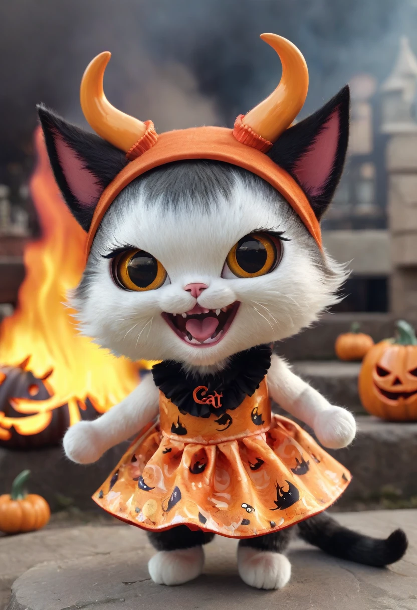 a 3d cat in cute Halloween dress and 2 devil horns laughing maniacally. and a giant fire in the background