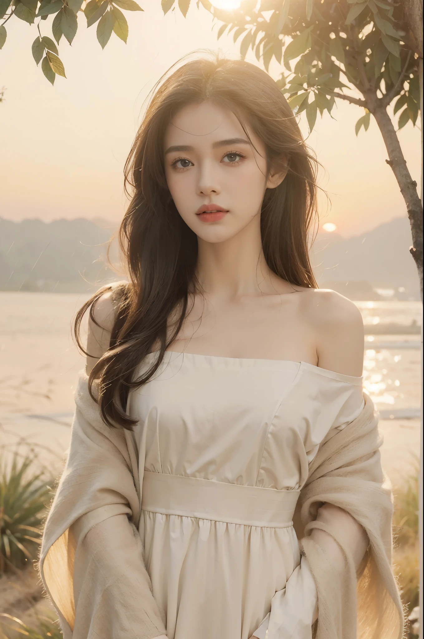 (((best quality))),(((ultra detailed))),(((masterpiece))),illustration,a girl, solo,slim,thin,flat chest,serene setting,(sunrise:1.5), simple dress,shoulder length straight bob hair, morning breeze, innocence, hope, radiant face, teary eyes, clarity, rainy morning, picturesque scene, soil footprints, journey, old photo, warmth, embrace, tree in storm, support, companionship, path after rain, whispered words, wind fury, anchor, brighter tomorrow, alone but not alone, love, dawn,standing,from front,upper body