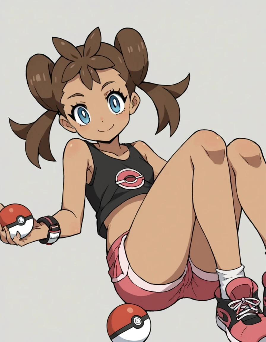 score_9, score_8_superior, score_7_superior, score_6_superior, score_5_superior, score_4_superior, Break Source_anime, anime screencap, Shauna XL, One girl, Pokéball, alone, Pokéball \(Basic\), Shorts, Lie in, ~ side, smile, View your viewers, sketch, White Background