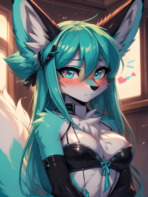 Miku Hatsune x vixen, closeup high definition, jealous, hands together upset, blushing face high definition