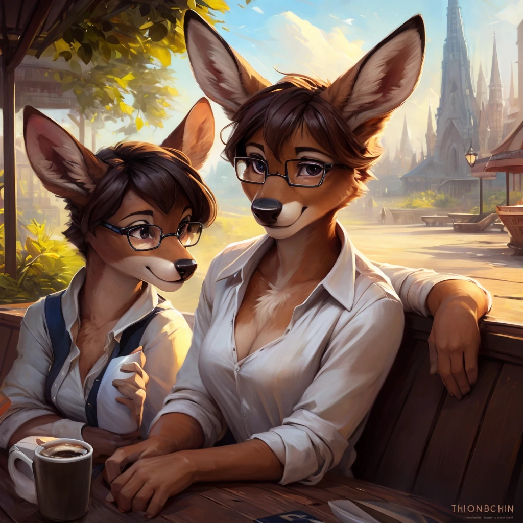 uploaded on e621, by Pixelsketcher, by Bayard Wu, by Thomas Benjamin Kennington , by Einshelm, by hioshiru and kenket, Chunie, portrait, solo anthro female deer doe, tiny featureless breasts, tiny breasts, clear dark blue, cinematic lighting, day, sunny day, sitting outside at a café, café background, french background, old french background, shiny, short curly dark brown hair, short hair, wears big black nerd glasses, very very beautiful furry art, furry art, thoughtful, shiny, feminine, cute face, muzzle, fluffy chest, flawless face, Fallow deer, 1girl, Sakimichan is beautiful, Masterpiece, Wavethesallow Face, shiny, Detailed image, portrait, Detailed image, portrait, wears pure white wide, big blouse, wears beige summer straw hat, shiny, realistic face, perfect anatomy, hourglass body, anthropomorphic deer, happy, very happy, small ears, huge black nerd glasses, wide happy eyes, look at viewer, smiles, big smile, holds with both hands a cup of coffee, hourglass body, (furry body:1.1), anthropomorphic deer, small fluffy tail, detailed background, (cute anatomy:1.1), looks into the distance