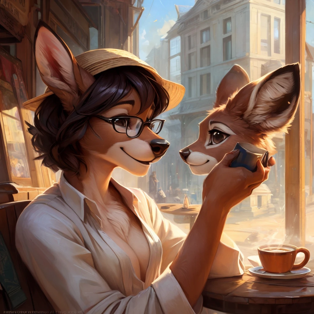 uploaded on e621, by Pixelsketcher, by Bayard Wu, by Thomas Benjamin Kennington , by Einshelm, by hioshiru and kenket, Chunie, portrait, solo anthro female deer doe, tiny featureless breasts, tiny breasts, clear dark blue, cinematic lighting, day, sunny day, sitting outside at a café, café background, french background, old french background, shiny, short curly dark brown hair, short hair, wears big black nerd glasses, very very beautiful furry art, furry art, thoughtful, shiny, feminine, cute face, muzzle, fluffy chest, flawless face, Fallow deer, 1girl, Sakimichan is beautiful, Masterpiece, Wavethesallow Face, shiny, Detailed image, portrait, Detailed image, portrait, wears pure white wide, big blouse, wears beige summer straw hat, shiny, realistic face, perfect anatomy, hourglass body, anthropomorphic deer, happy, very happy, small ears, huge black nerd glasses, wide happy eyes, look at viewer, smiles, big smile, holds with both hands a cup of coffee, hourglass body, (furry body:1.1), anthropomorphic deer, small fluffy tail, detailed background, (cute anatomy:1.1), looks into the distance