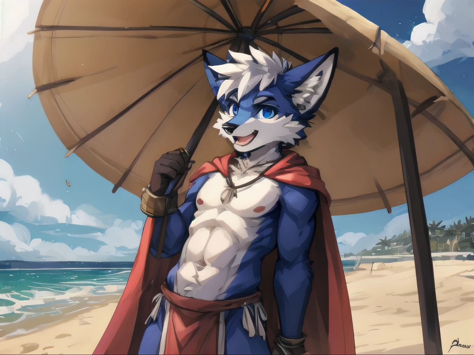 anger,solo,freshmen,young people,white hair, nipples,fox, blue eyes, masterpiece, blue fur, clean face, blue necklace, thick eyebrows, detailed eyes, anthro, claw, white headband,white cape,outdoor,sun umbrella,open mouth,looking at viewer,necklace,wrist guard,seaside,white loincloth