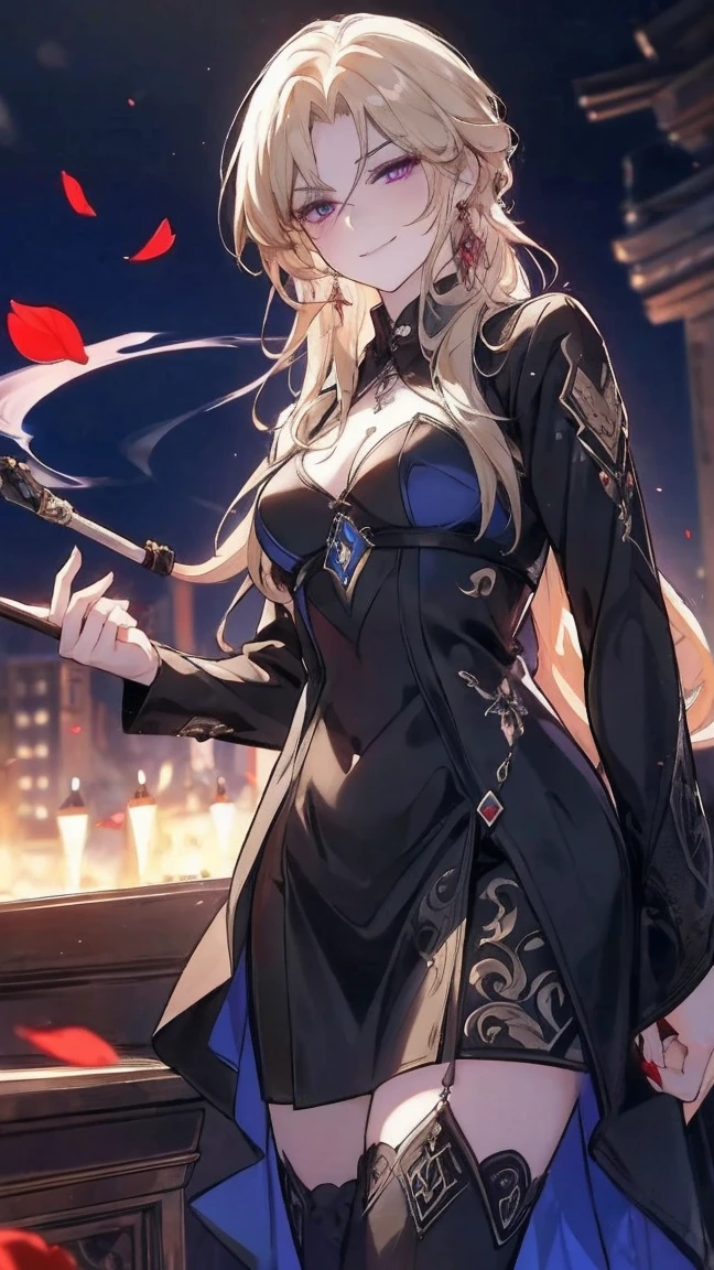 (extremely detailed 8K wallpaper),(ultra-detailed),(best quality),(masterpiece),(highly detailed),(cinematic lighting),(Original),Cold ligh，magenta eyes ,ink style，, smoking pipe, kiseru, holding a long smoking pipe, long sandy blonde hair，((Beautiful adult woman))，black dress with stockings，((slight smirk face))，（black socks）, adult woman, beautiful earrings, falling red petals