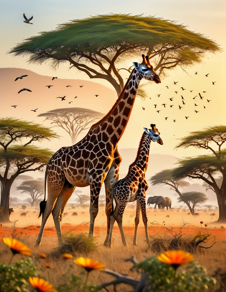 A tender and loving giraffe mother cuddles her cub in a vibrant savana morning, beside a hig tree trunk, with flocks of birds flying in the sky, Elephant family march in a far distance, a kush green bush of savana flower in foreground, insanely intricate detail savana scene background, volumetric morning lighting, a photorealistic illustration, in Don Lawrence style, ultra sharp and crisp