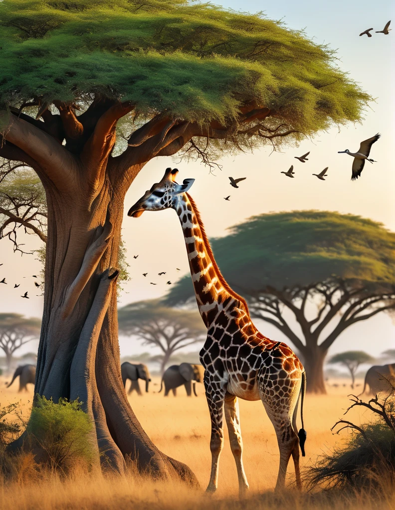A tender and loving giraffe mother cuddles her cub in a vibrant savana morning, beside a hig tree trunk, with flocks of birds flying in the sky, Elephant family march in a far distance, a kush green bush of savana flower in foreground, insanely intricate detail savana scene background, volumetric morning lighting, a photorealistic illustration, in Don Lawrence style, ultra sharp and crisp