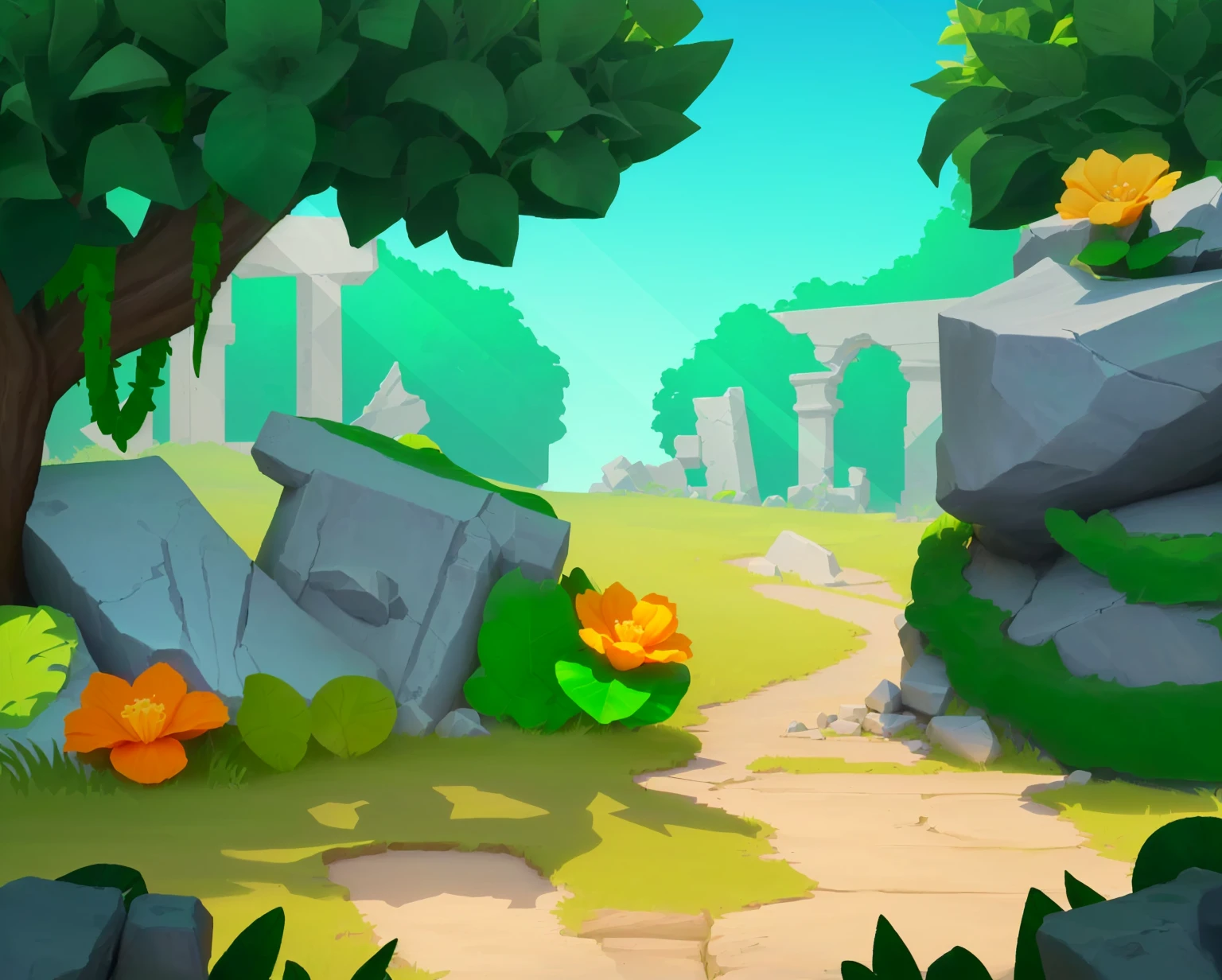 Game Architecture Design, Cartoon, Thick Volume, Stone Statue, Ruins, Vines, Jungle, Grass, Flowers, Trees, Leisure Game Style, 3D, Mixer, Masterpiece, Super Details, Best