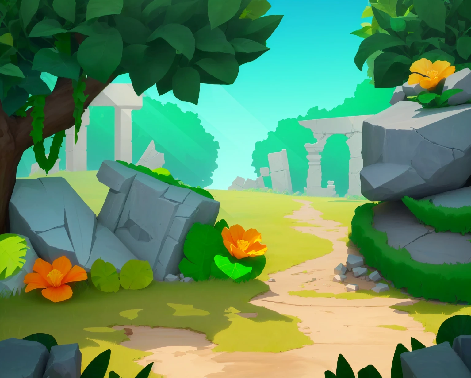 Game Architecture Design, Cartoon, Thick Volume, Stone Statue, Ruins, Vines, Jungle, Grass, Flowers, Trees, Leisure Game Style, 3D, Mixer, Masterpiece, Super Details, Best