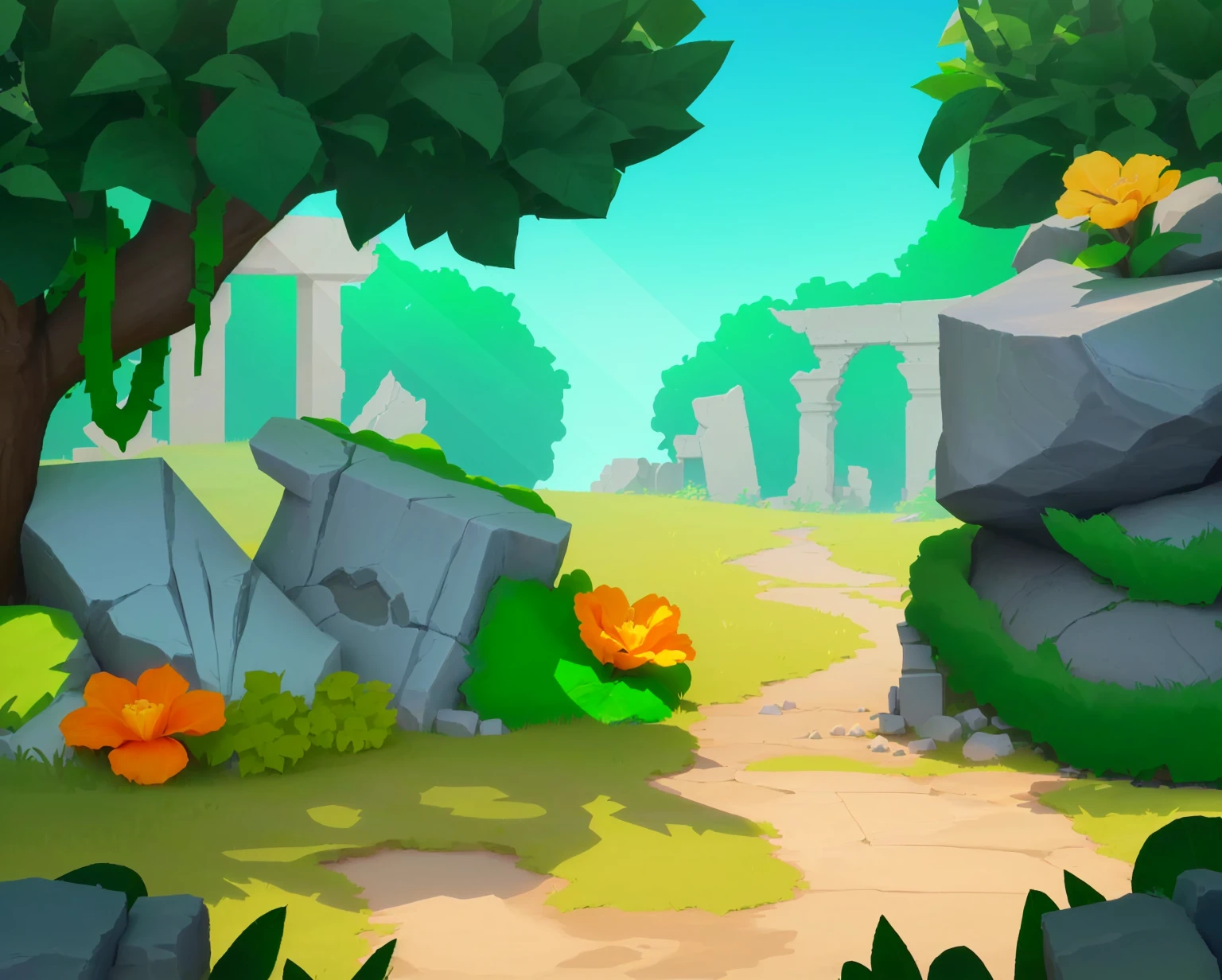 Game Architecture Design, Cartoon, Thick Volume, Stone Statue, Ruins, Vines, Jungle, Grass, Flowers, Trees, Leisure Game Style, 3D, Mixer, Masterpiece, Super Details, Best
