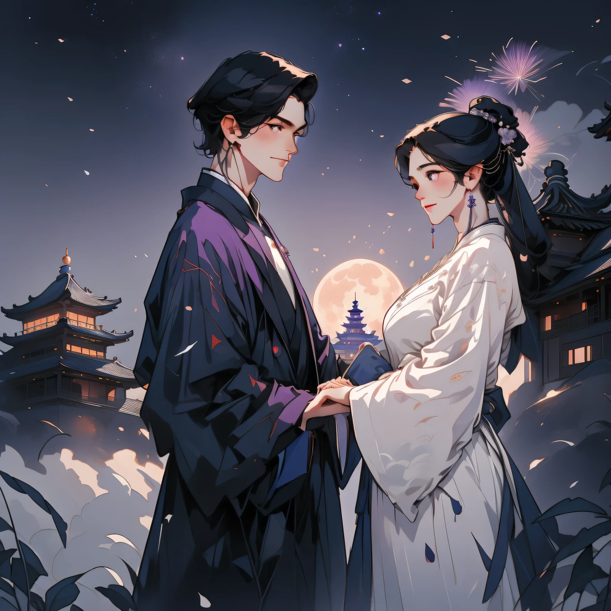 A man and a woman look at each other in a Chinese-style mansion，Light tones, blue and violet, Dreamlike scene, warm color,Huge Moon, fireworks, Starry Sky, Magpie triangle composition, Rich details, top view, Long-distance shooting，Chinese traditions，exit，landscape，auspicious，Light background,best quality, Pastel,Soft Light