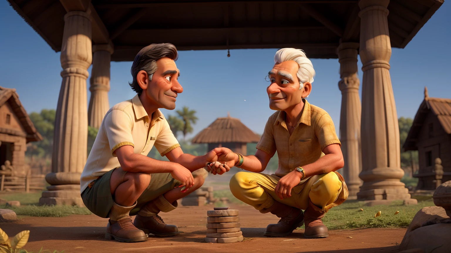 a hardworking indian farmer, presenting the ancient and beautiful gold coin to the village chief, who is examining it thoughtfully