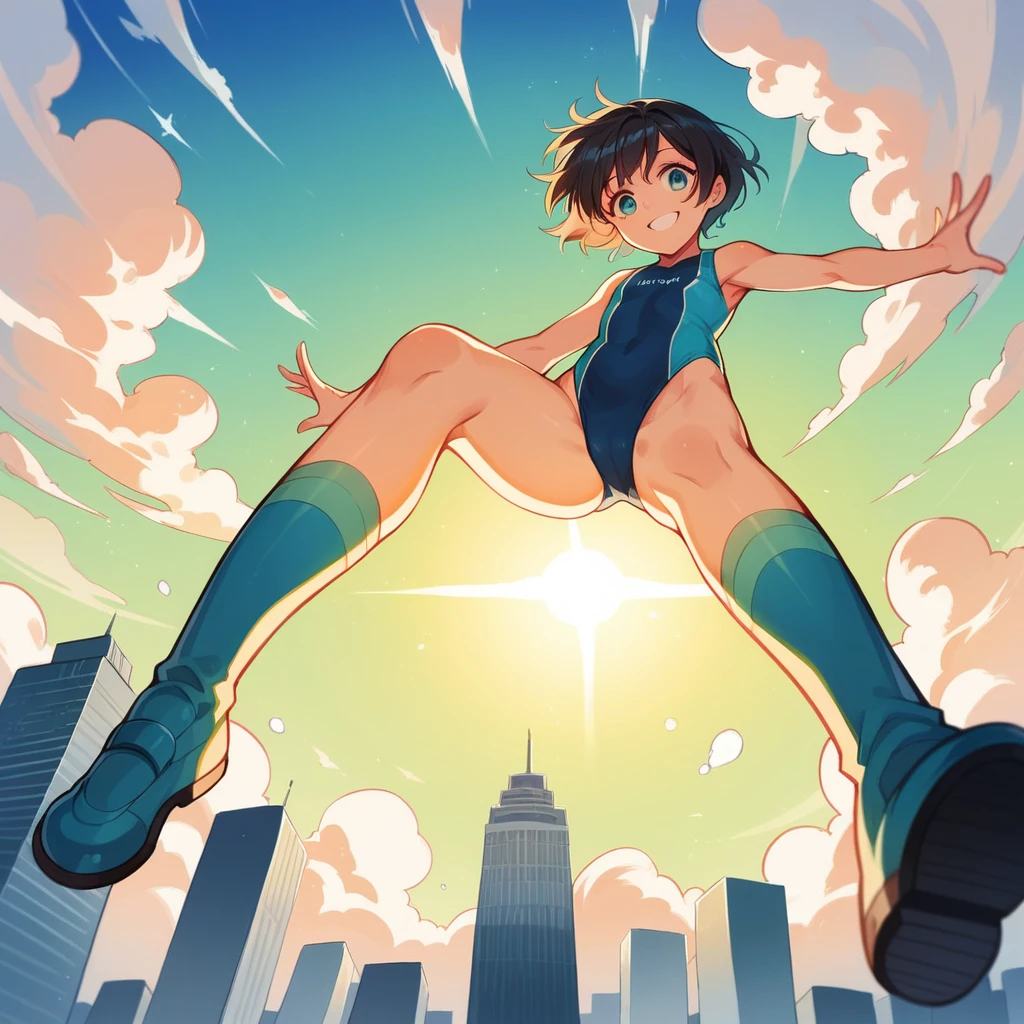 From below, Photo of a beautiful Japanese young idol, floating in the air, midair, skydiving, 10 meters high, cityscape, smiling politely, short hair, wearing a revealing swimsuit, Zero-gravity Boots, ultra-detailed,natural lighting,vibrant colors, full-body, wide-angle lens