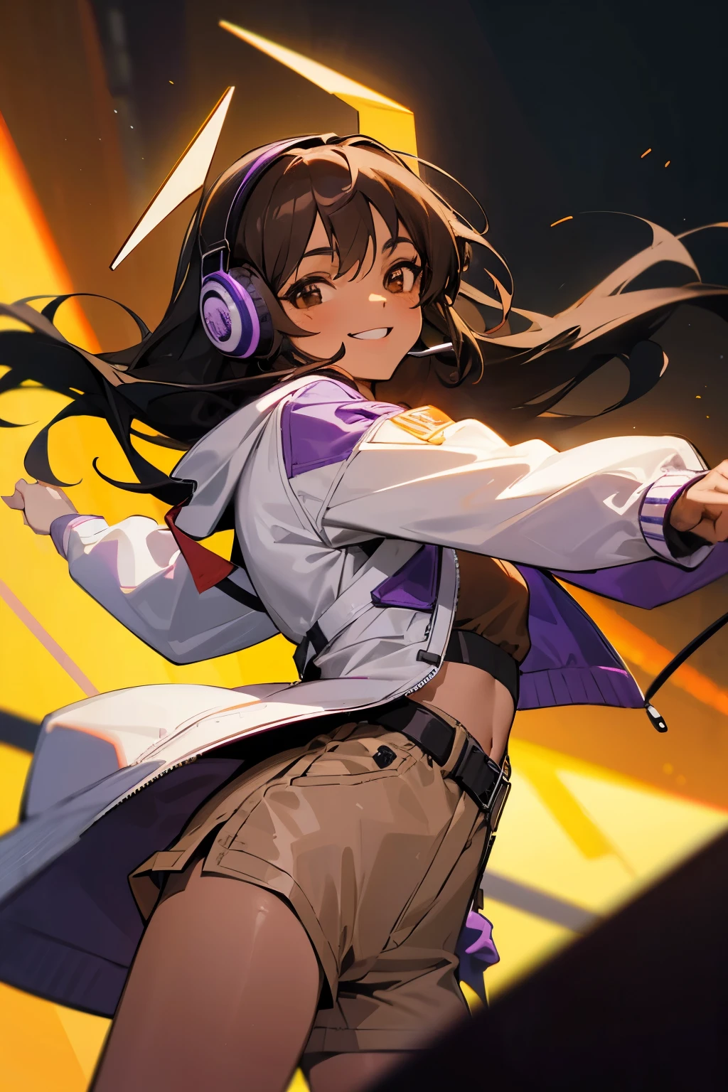 woman, long black hair, light brown skin, brown eyes, (headset mic), cohesive colors, white jacket, purple strap top, brown shorts, smiling, on stage