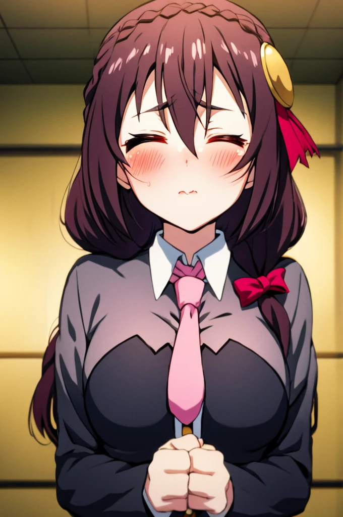 (masterpiece, Highest quality), One girl, Yunyun,Long Hair,Braiding,Twin tails,Hair between the eyes,Red hair ribbon,hair ornaments,large round breasts,、Pink Skirt、Black Hair、Crown Blade,Black Shirt, Long sleeve,Pink tie, belt, Cleavage cutout、Above the upper body、(blush:1.2)、Young face、indoor、(Kiss the viewer)、((Close your eyes:1.5))