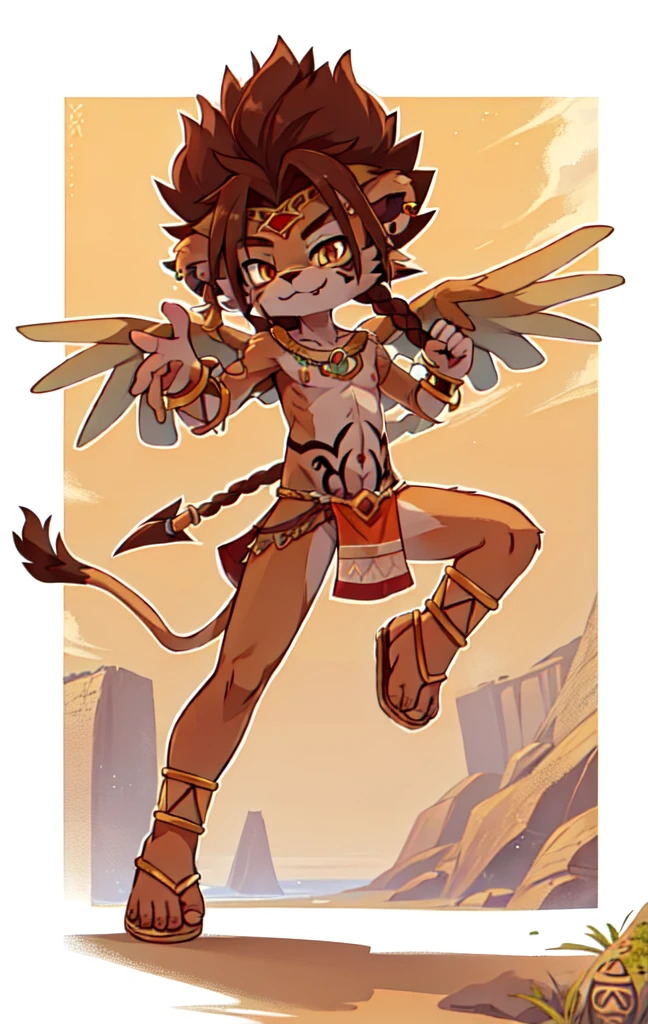 1boy, male focus, brown hair, solo, tail, wings, jewelry, furry, horns, braid, animal ears, loincloth, looking at viewer, earrings, lion ears, full body, long hair, lion boy, sandals, furry male, navel, smile, pelvic curtain, lion tail, fang, orange eyes, tattoo, body fur, brown fur, stomach, piercing, bracelet, necklace, standing, leg up, collarbone, closed mouth, ear piercing, egypt, clear sky, feets with three toes, 3 toes,