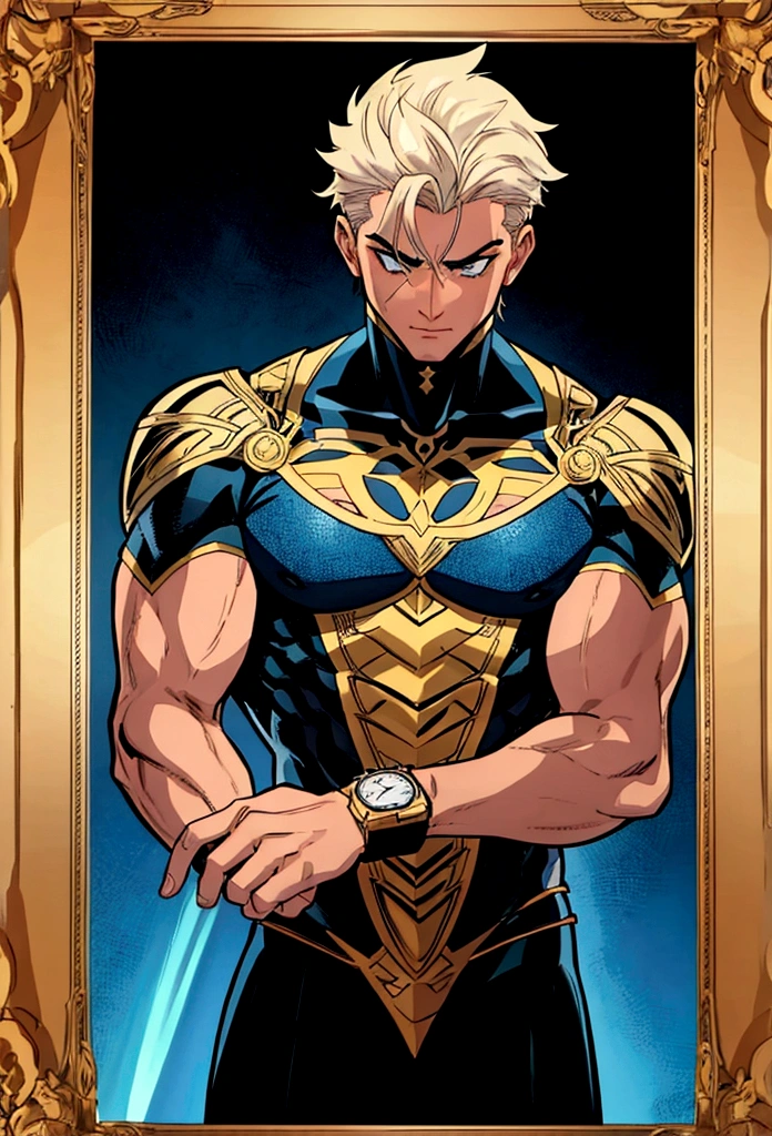 A male forearm with a watch on the wrist. Image in a frame as if it were a comic book.