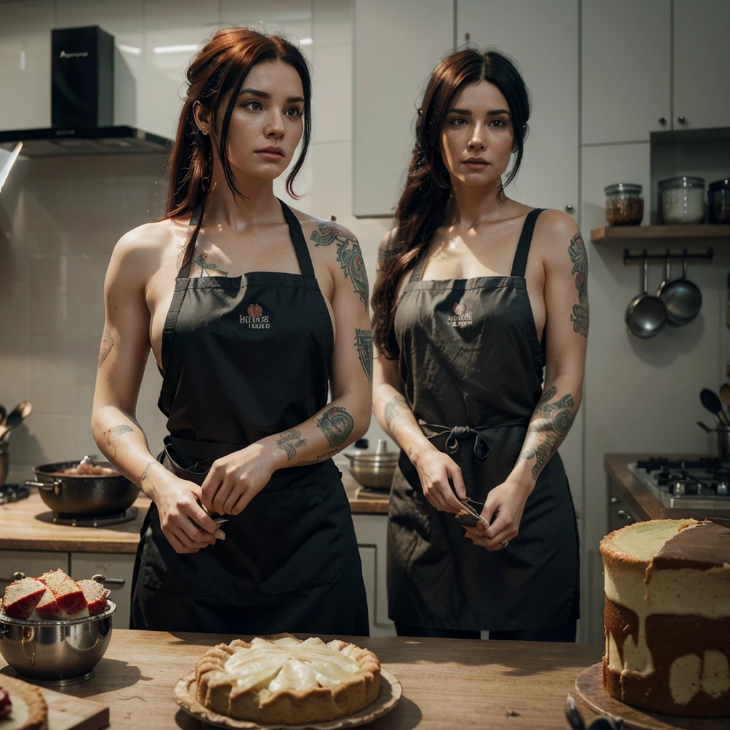 a woman with tattoo, (([red|black] hair)), long hair, wearing a black apron,  cooking, look at viewer, kitchen, cake and pie on background,  indoors, (soothing tones:1.0), (hdr:1.25), (artstation:1.2), dramatic, (intricate details:1.14), (hyperrealistic 3d render:1.16), (filmic:0.55), (rutkowski:1.1), (faded:1.3)