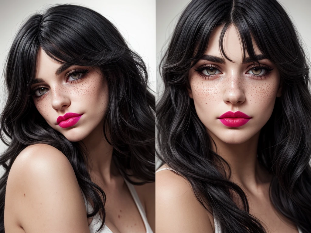 (work of art, high qualiy, best qualityer:1.3), extremely detaild, realisitic, (hyperrealisitic:1.2), fine texture, Extremely high resolution details, (comely:1.2), (Caucasian skin), 18 year old young woman, greeneyes, (monolid eyes, arched eyebrows, Eyelash, eye contour, ombre:1.2), (fine lips, pink lipstick), (make up), 157cm de altura, (wavy hair), (long hair, Bblack hair:1.4), (everything detailed), trunk, (face perfect, perfects eyes, perfect lips, perfect hair), (cloused mouth:1.5), (Detailed lips, detailedeyes, detailed hair, face detailed), natural lighting, freckles on the face