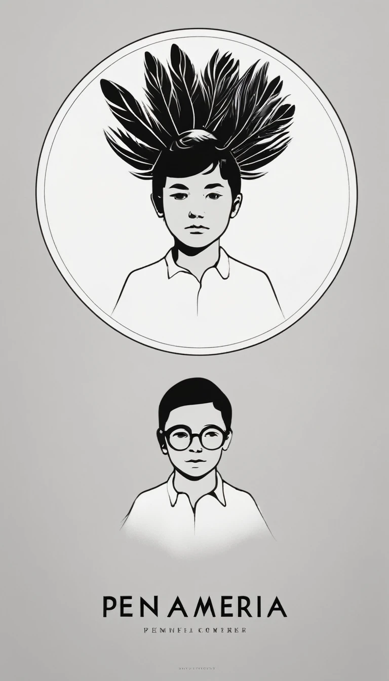 A minimal, modern, simple, cinematic logo design e of a boy with a head full of feathers for the brand “Penamemoria" .